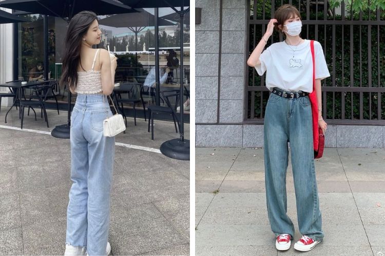 Phối quần jeans ống rộng với áo phông