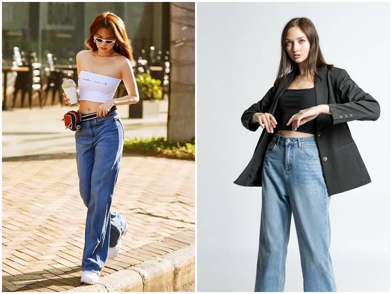 Phối quần jeans ống rộng với áo blouse