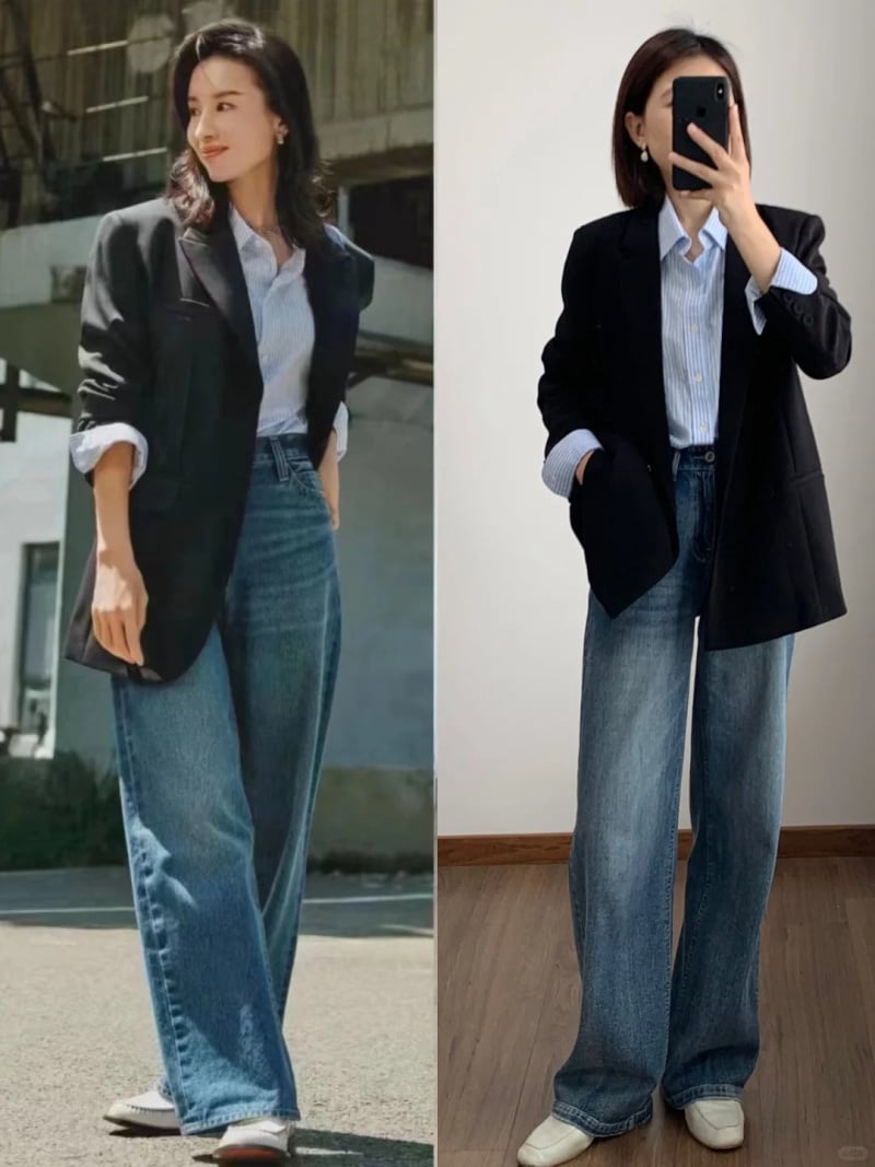 Phối quần jeans ống rộng với áo blazer