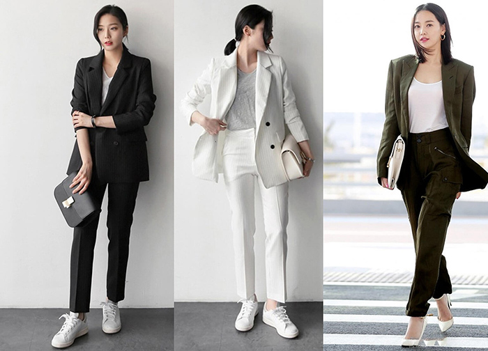 Phối giày sneaker trắng với áo blazer và chân váy