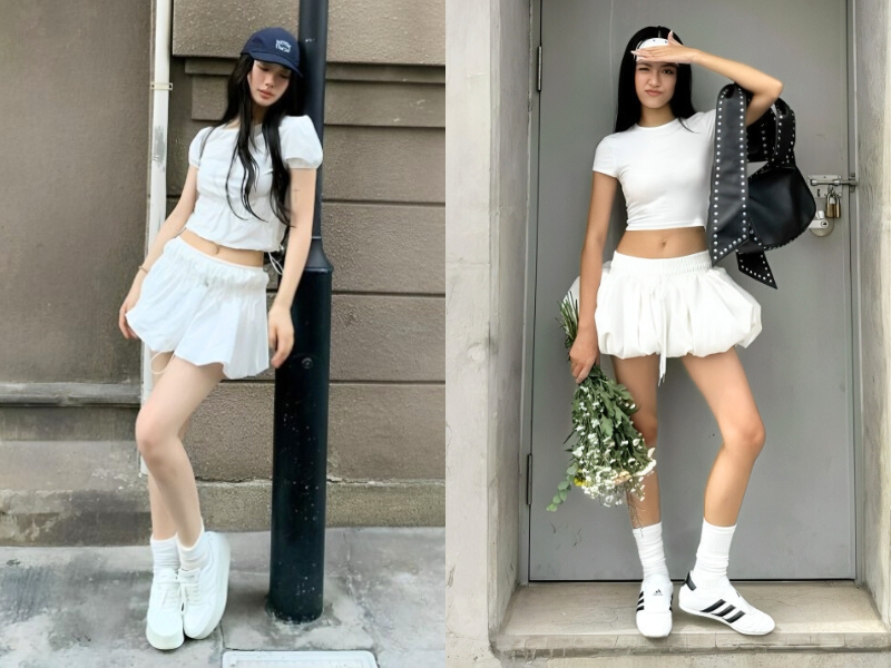 Phối giày sneaker trắng với áo croptop và chân váy