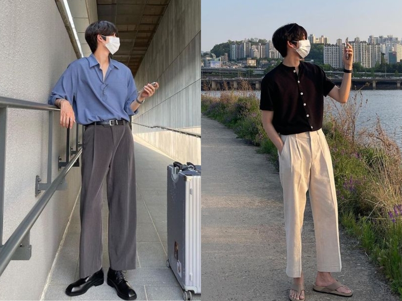 Phối đồ áo sơ mi oversize nam với quần ống rộng
