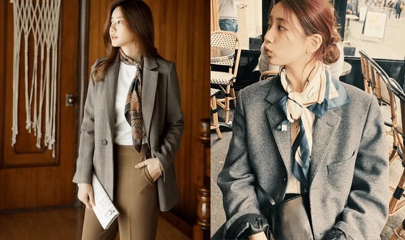 Phối khăn lụa với áo blazer, vest công sở