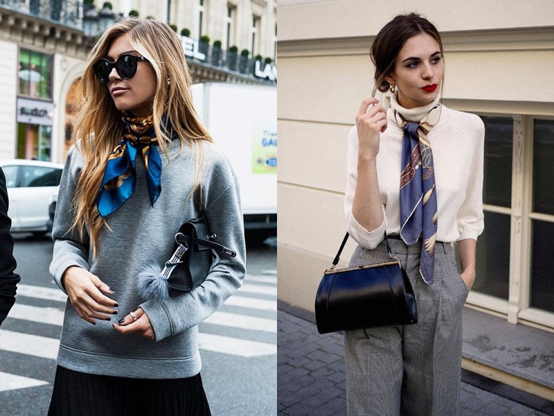 Phối khăn lụa với áo len, đồ mùa đông