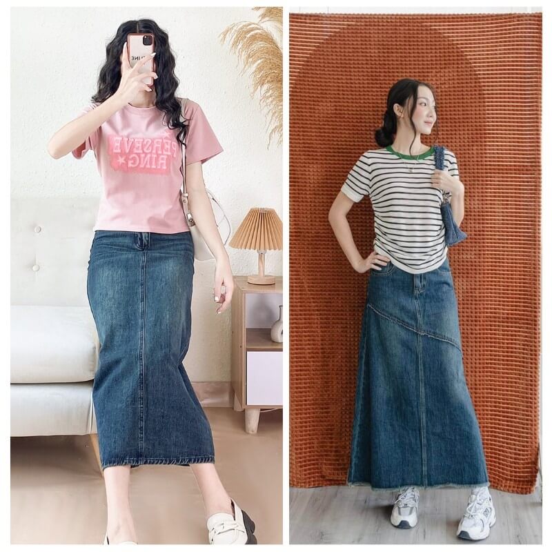 Áo phông phối cùng chân váy denim dáng dài và giày thể thao
