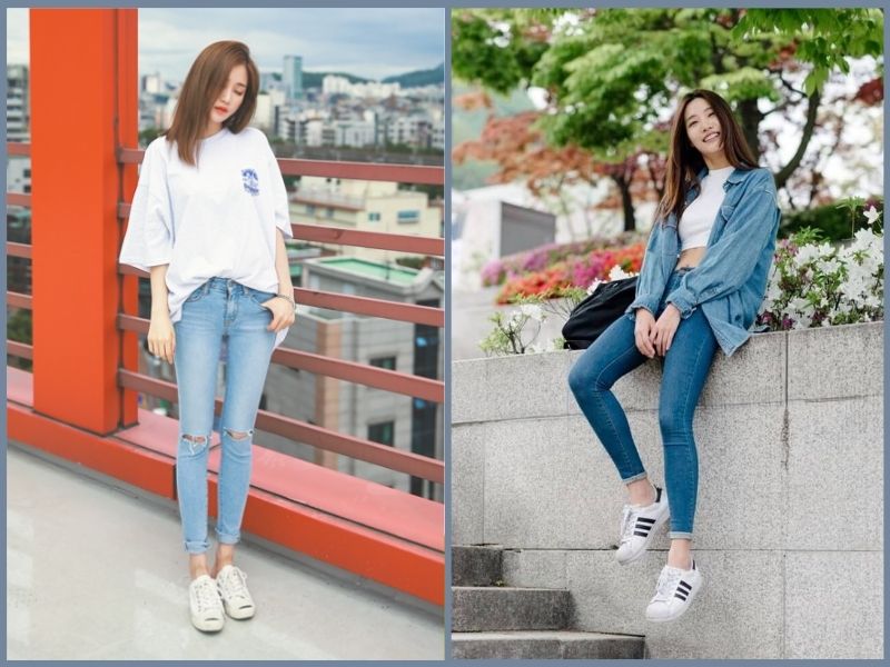 Quần jean với áo thun oversize