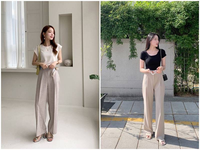 Quần ống rộng với áo thun trơn